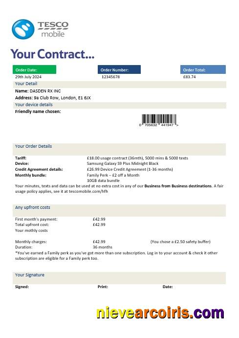 United Kingdom Tesco Mobile business utility bill